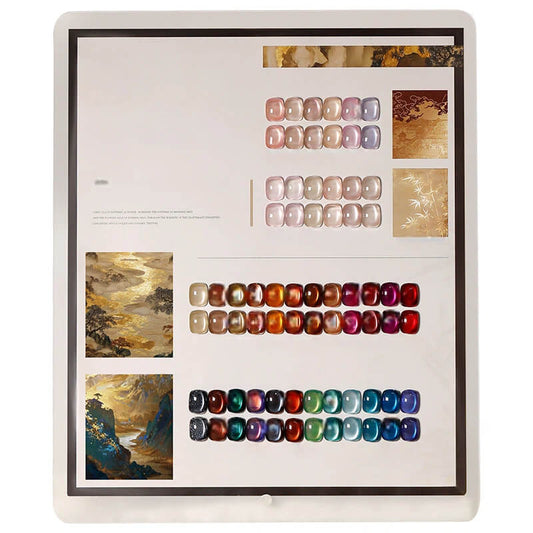 Collection of 36 unique soft aura gel polish shades for all seasons, featuring delicate shimmer, dreamy gradients, and luminous magnetic effects that create a subtle 3D aura nail look, perfect for trendy reflective nail designs and professional salon-quality manicures.
