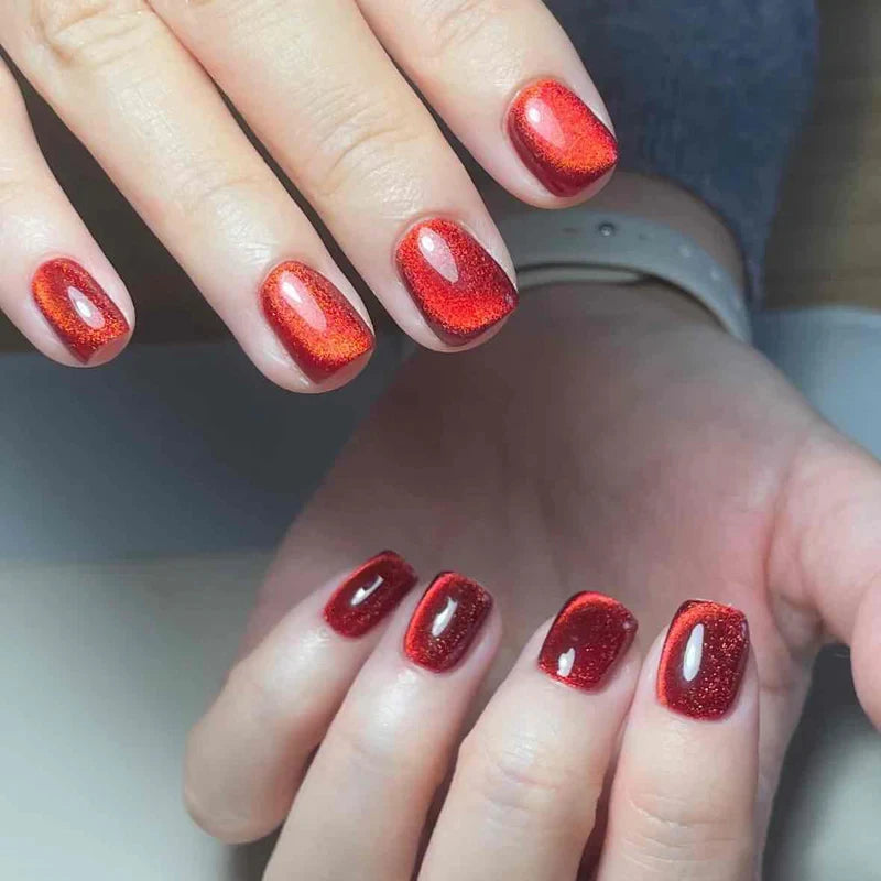 159 Temptation Red Cat Eye Gel magnetic gel polish creating a vibrant red 3D nail effect with rich shimmer and reflective nail design, perfect for bold and glamorous professional gel manicures with salon-quality shine and multidimensional depth.