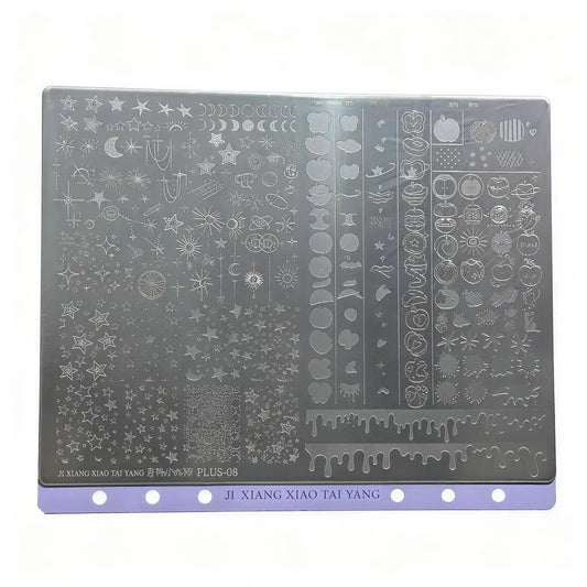 Apple Starry Overlay Nail Stamping Plate PLUS-08 featuring finely engraved metal designs with starry and apple-inspired patterns, perfect for layering over gel polish nails to create detailed, creative, and professional salon-quality nail art with crisp, precise stamping results.