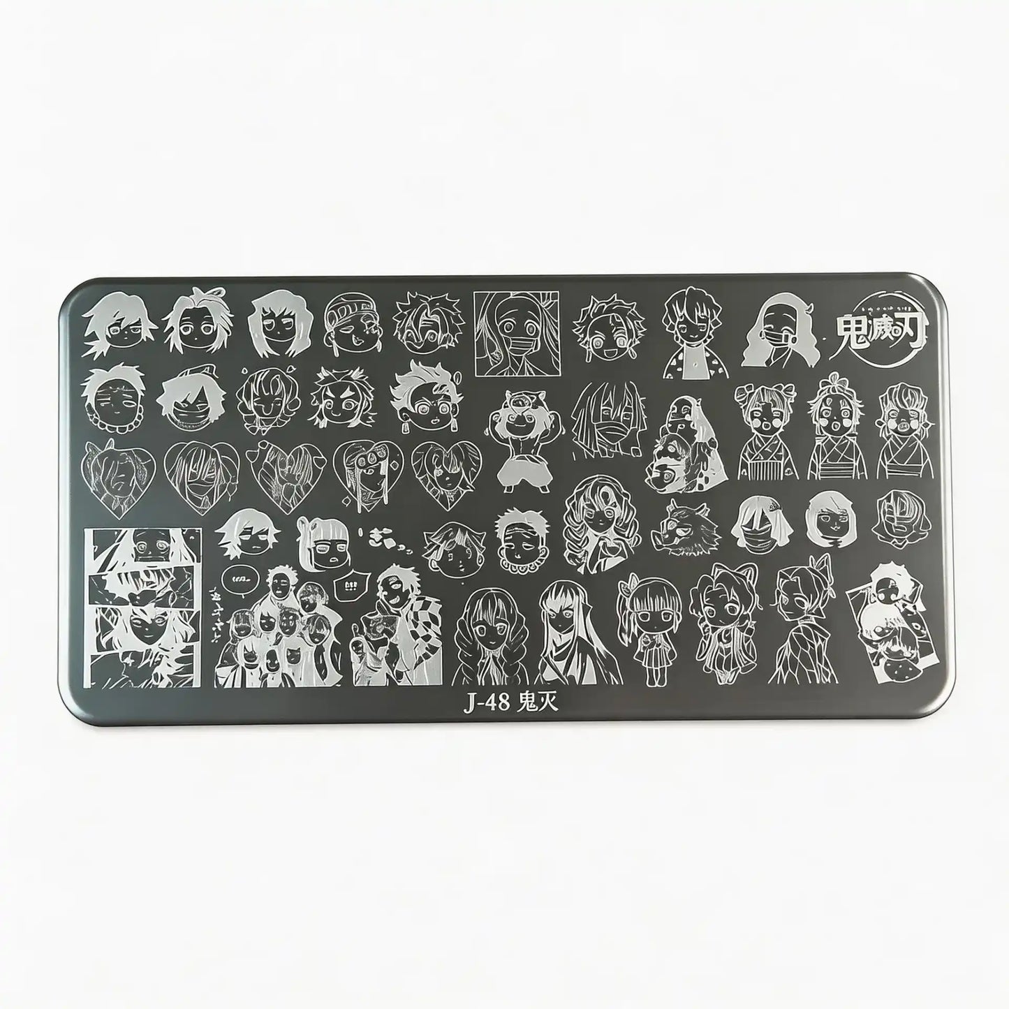 Demon Slayer J-48 nail stamping plate featuring anime-inspired engraved metal designs, perfect for transferring detailed character-style patterns onto gel polish nails, creating bold and creative nail art with crisp lines and professional salon-quality results.