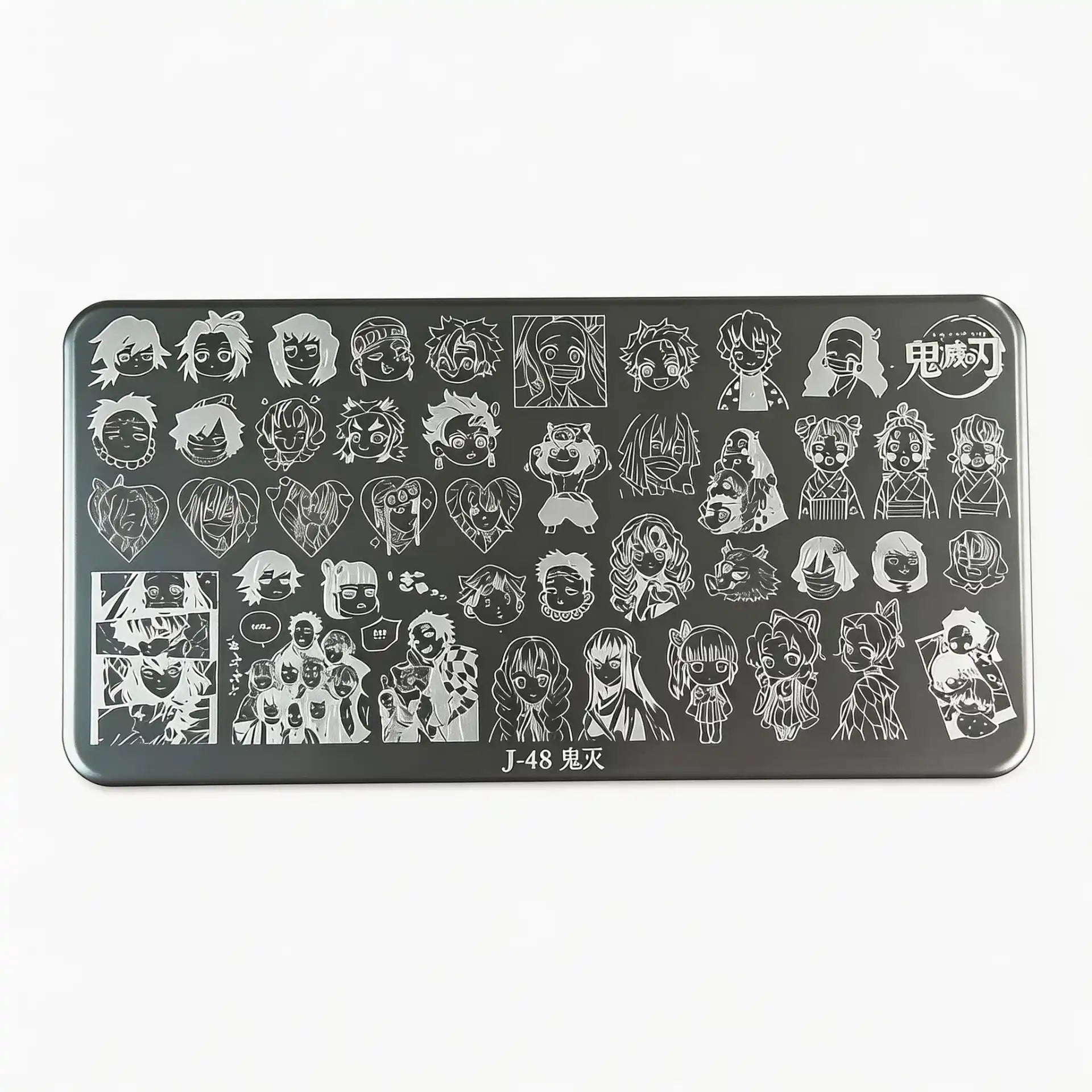 Demon Slayer J-48 nail stamping plate featuring anime-inspired engraved metal designs, perfect for transferring detailed character-style patterns onto gel polish nails, creating bold and creative nail art with crisp lines and professional salon-quality results.
