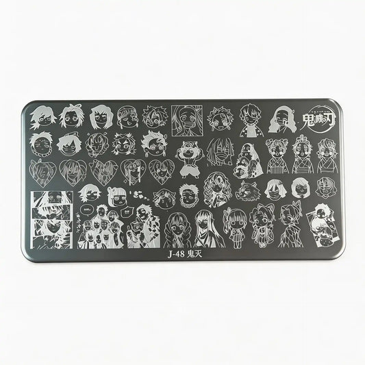 Demon Slayer J-48 nail stamping plate featuring anime-inspired engraved metal designs, perfect for transferring detailed character-style patterns onto gel polish nails, creating bold and creative nail art with crisp lines and professional salon-quality results.