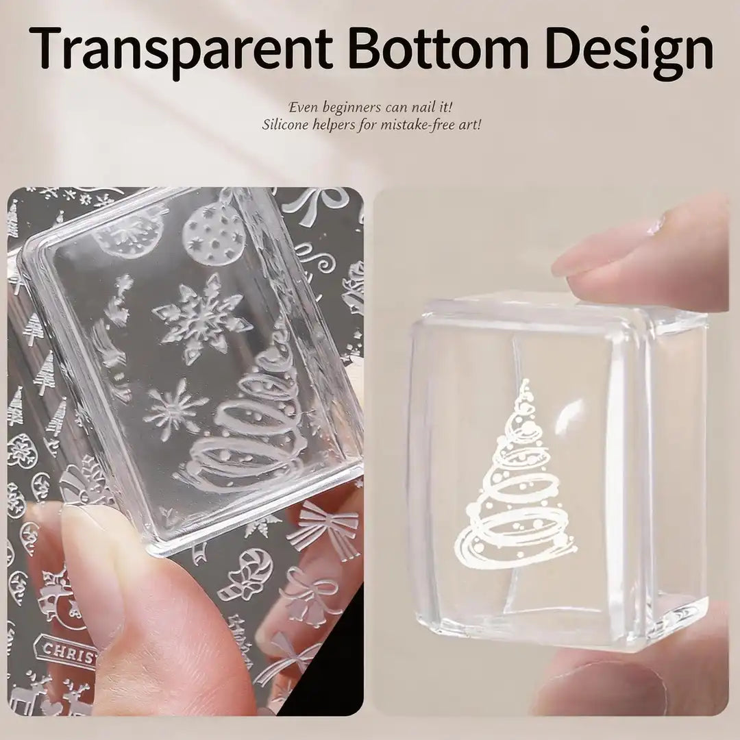 Large square nail art silicone stamper with scraper featuring a clear visible design for precise stamping placement, perfect for transferring intricate patterns from stamping plates onto gel polish nails, delivering crisp, detailed, and professional salon-quality nail art results.