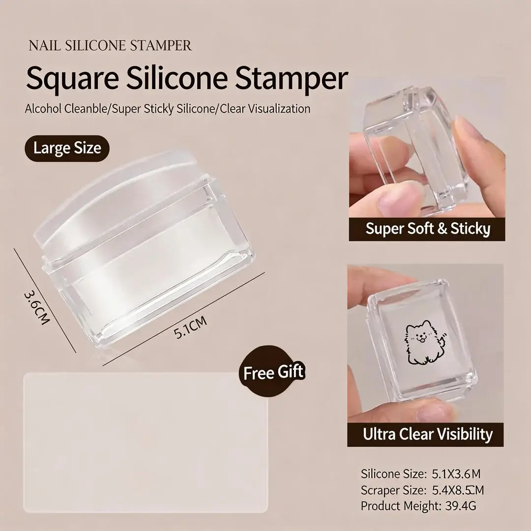 Large square nail art silicone stamper with scraper featuring a clear visible design for precise stamping placement, perfect for transferring intricate patterns from stamping plates onto gel polish nails, delivering crisp, detailed, and professional salon-quality nail art results.