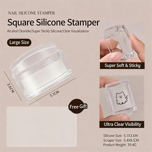 Large square nail art silicone stamper with scraper featuring a clear visible design for precise stamping placement, perfect for transferring intricate patterns from stamping plates onto gel polish nails, delivering crisp, detailed, and professional salon-quality nail art results.