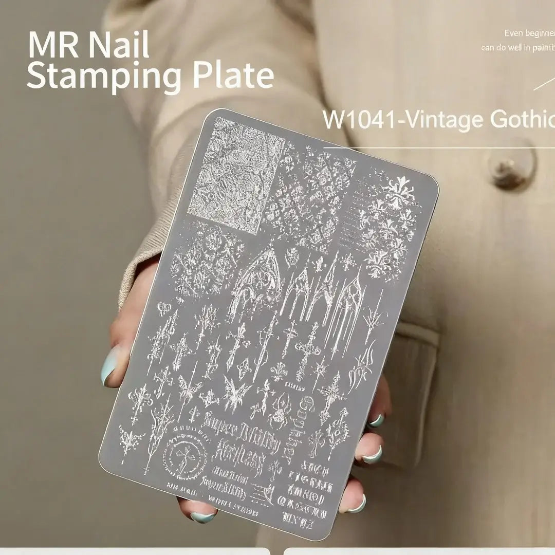 Nail Stamping Plate W1041 Vintage Gothic featuring intricately engraved metal designs inspired by gothic patterns, perfect for transferring detailed artwork onto gel polish nails, creating bold vintage nail art with crisp lines and professional salon-quality results.