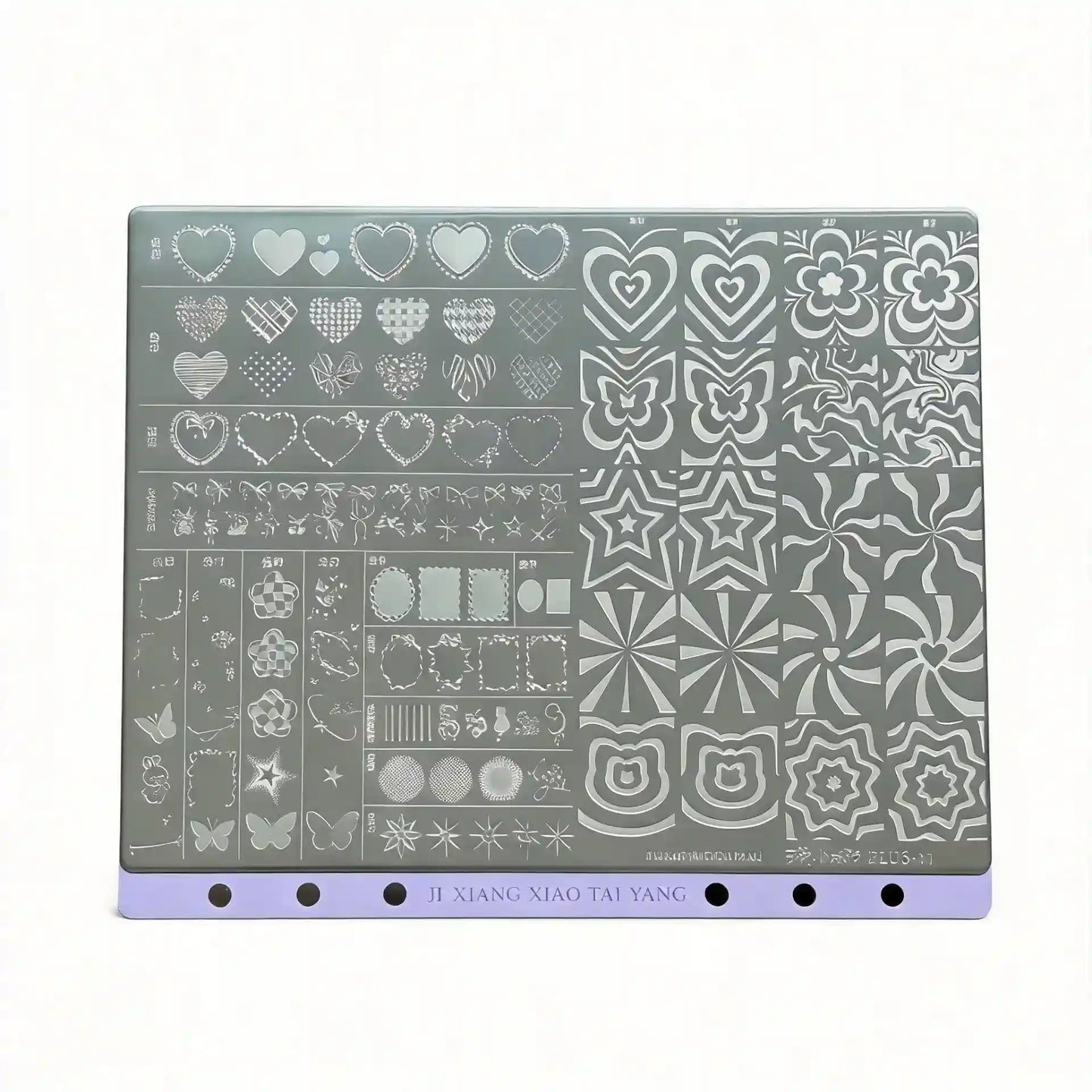 PLUS-11 Overlay Large Stamping Plate featuring detailed metal engraved designs ideal for layering over gel polish nails, perfect for creating intricate, multidimensional nail art with precise stamping results, delivering creative and professional salon-quality manicures.