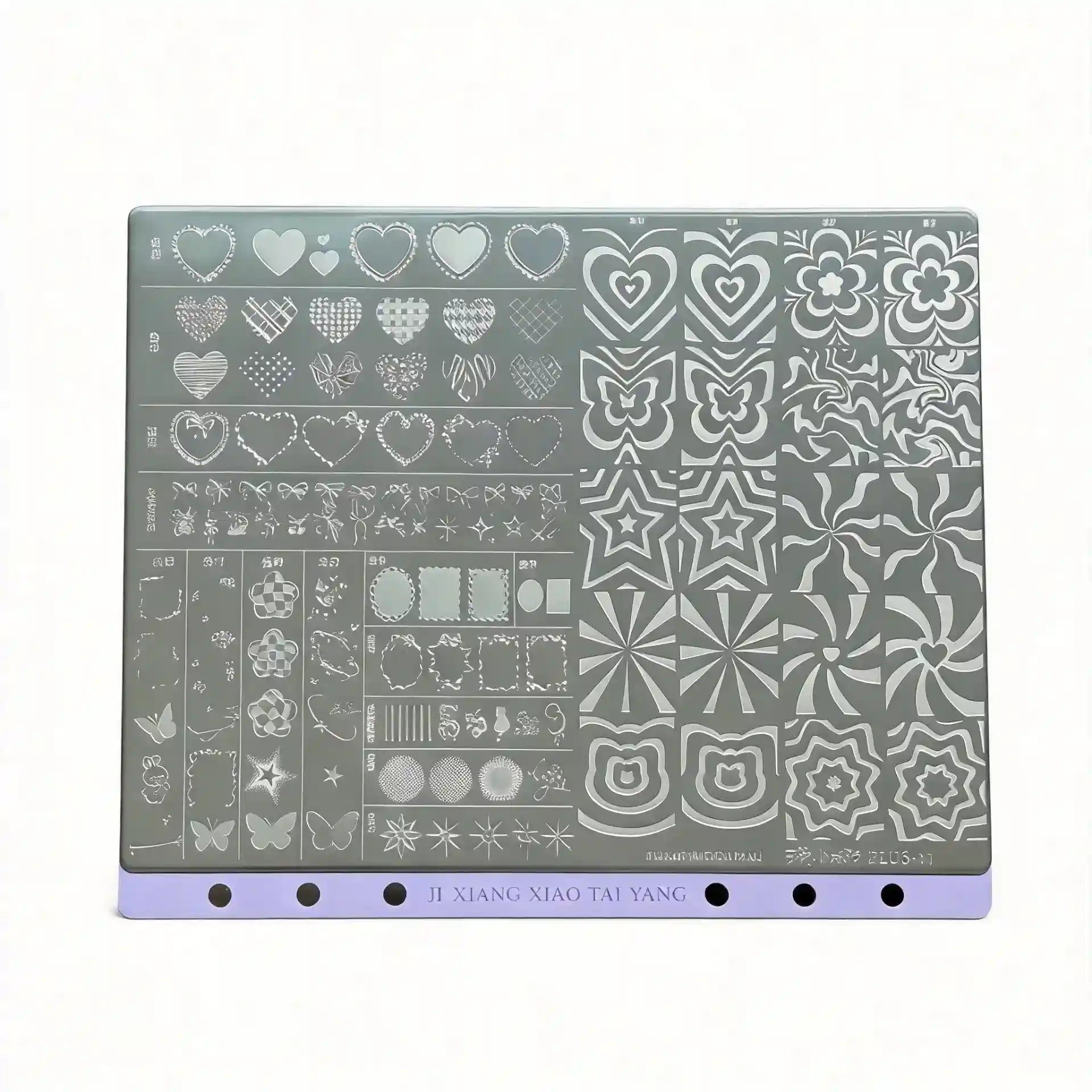 PLUS-11 Overlay Large Stamping Plate featuring detailed metal engraved designs ideal for layering over gel polish nails, perfect for creating intricate, multidimensional nail art with precise stamping results, delivering creative and professional salon-quality manicures.