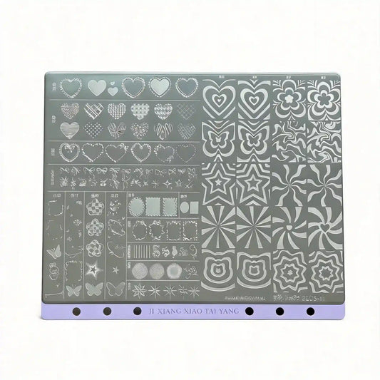 PLUS-11 Overlay Large Stamping Plate featuring detailed metal engraved designs ideal for layering over gel polish nails, perfect for creating intricate, multidimensional nail art with precise stamping results, delivering creative and professional salon-quality manicures.