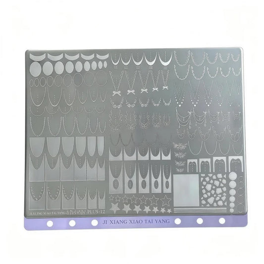 PLUS-12 French Large Stamping Plate featuring precision-engraved metal designs for creating flawless French tip styles on gel polish nails, perfect for clean, elegant nail art, delivering crisp lines and professional salon-quality manicure results with ease.