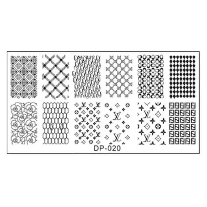 Stamping Palette DP-020 nail art stamping plate featuring finely engraved metal designs for precise transfer with stamping tools, perfect for creating detailed patterns on gel polish nails, delivering creative and professional salon-quality nail art results.
