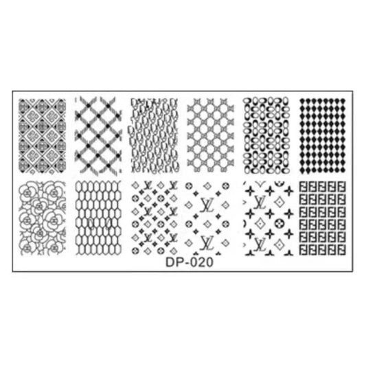Stamping Palette DP-020 nail art stamping plate featuring finely engraved metal designs for precise transfer with stamping tools, perfect for creating detailed patterns on gel polish nails, delivering creative and professional salon-quality nail art results.