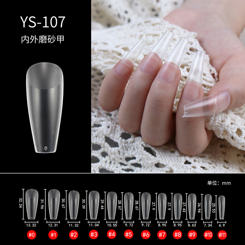 YS-107 extra long coffin nail tips with 12 sizes (0–11) featuring clear full-cover false nails designed for dramatic nail extensions, perfect for gel polish and creative nail art, delivering strong, lightweight, and salon-quality professional manicures.