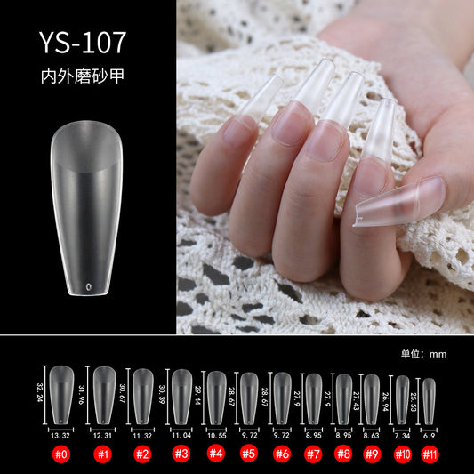 YS-107 extra long coffin nail tips with 12 sizes (0–11) featuring clear full-cover false nails designed for dramatic nail extensions, perfect for gel polish and creative nail art, delivering strong, lightweight, and salon-quality professional manicures.